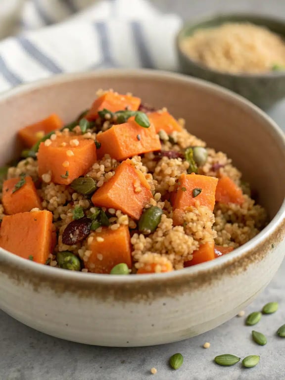 sweet potato quinoa salad plated sweet potato quinoa salad beautifully plated with fresh herbs