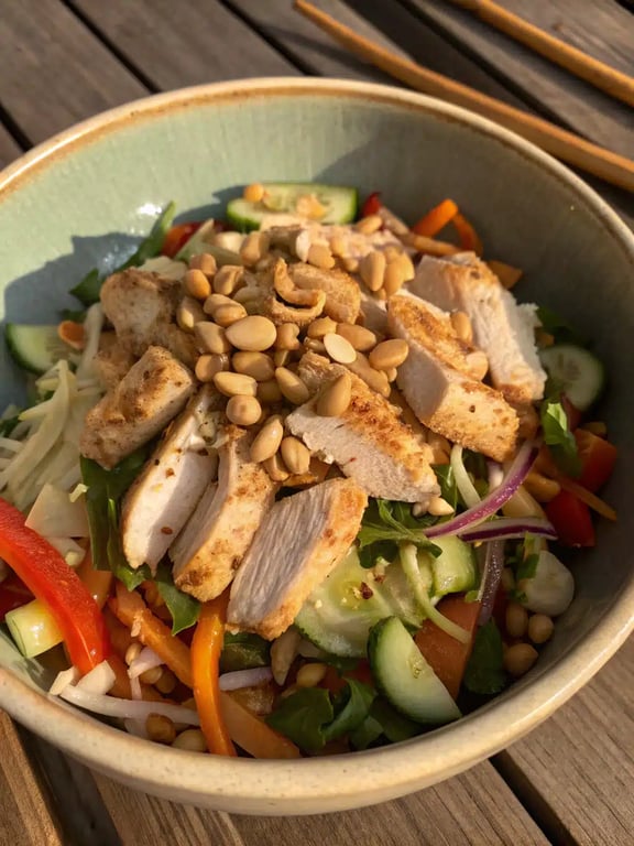 Thai peanut chicken salad beautifully plated with lime wedges and extra peanuts