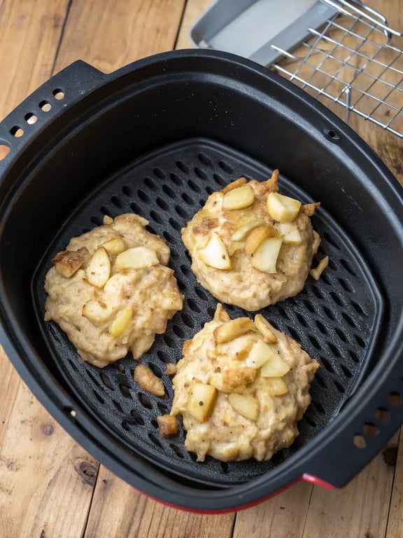 Finished air fryer apple fritters dusted with powdered sugar on a serving plate