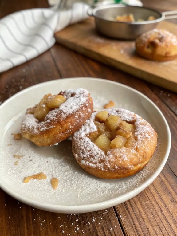 A beautifully plated stack of air fryer apple fritters with a dusting of powdered sugar and a cup of coffee nearby