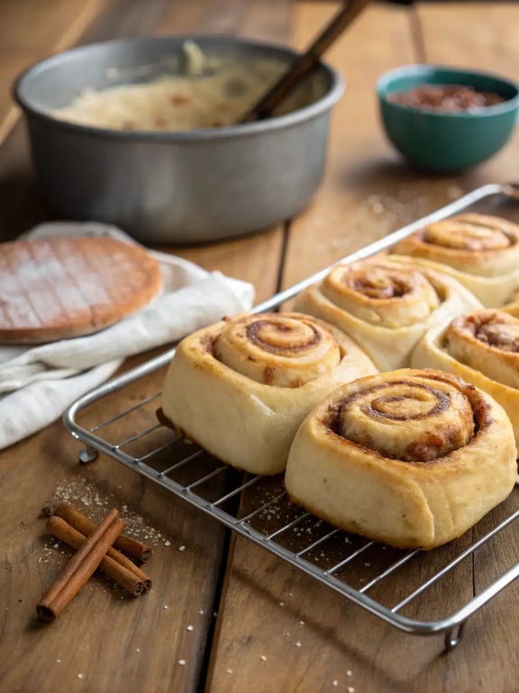 Final step for air fryer cinnamon rolls: a stack of iced rolls ready to serve