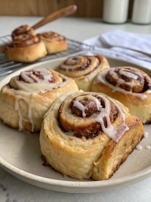 A brunch plate featuring warm air fryer cinnamon rolls next to fresh berries and a cup of coffee
