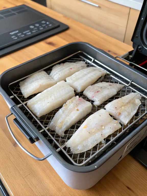 Final step for air fryer cod — perfectly cooked fillets plated with lemon and herbs