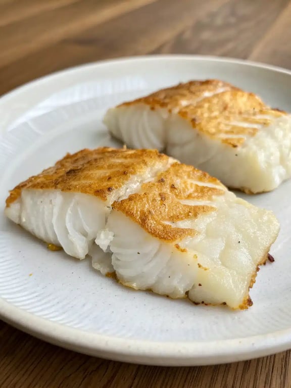 A beautifully plated air fryer cod fillet with lemon wedges, fresh dill, and roasted vegetables