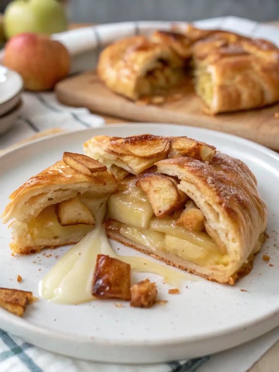 apple brie puff pastry beautifully plated on a wooden board with garnishes