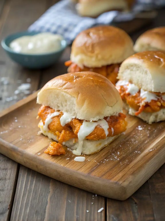 A platter of buffalo chicken sliders served with celery sticks and dipping sauce