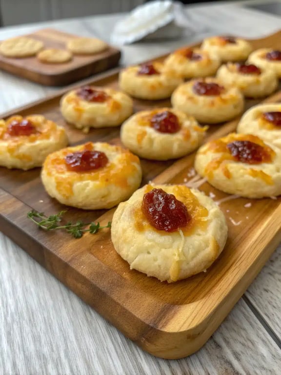 A beautifully arranged platter of cheesy thumbprint appetizers with fresh herbs for garnish