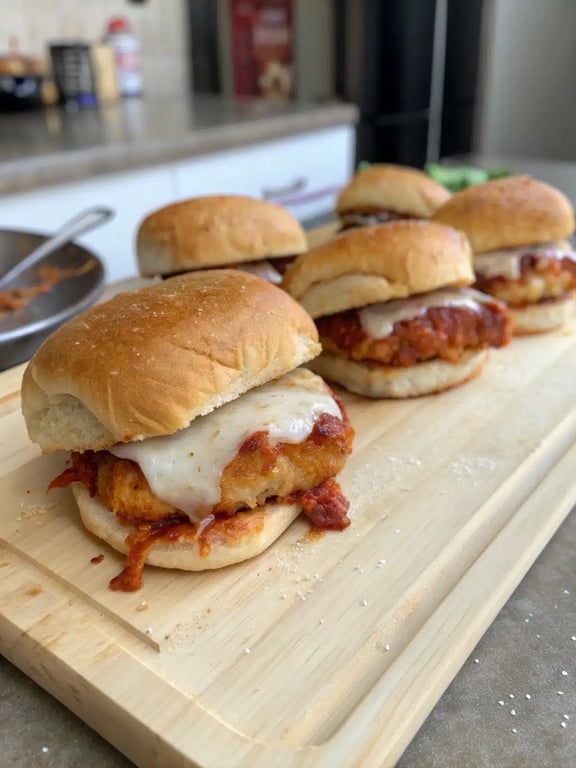 A platter of chicken parmesan sliders served with a fresh green salad