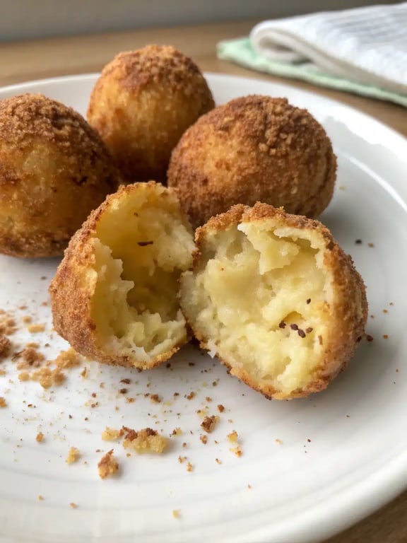 crispy potato balls plated with dipping sauce and garnish