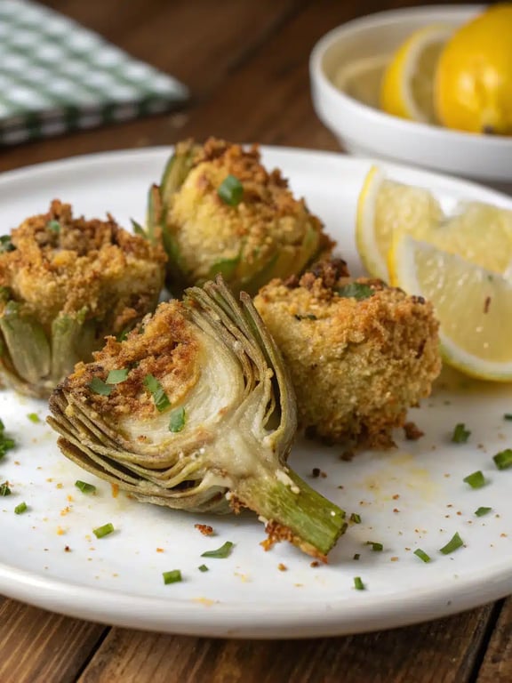 Serving crunchy artichoke hearts on a board A rustic wooden board with a pile of golden crunchy artichoke hearts, lemon wedges, and a bowl of creamy dipping sauce.