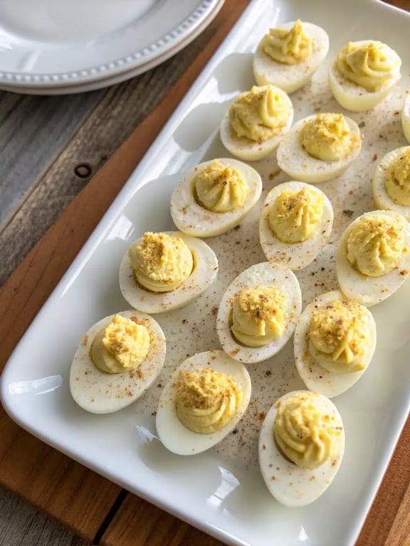 A beautifully arranged platter of deviled eggs recipe on a wooden board with fresh herbs