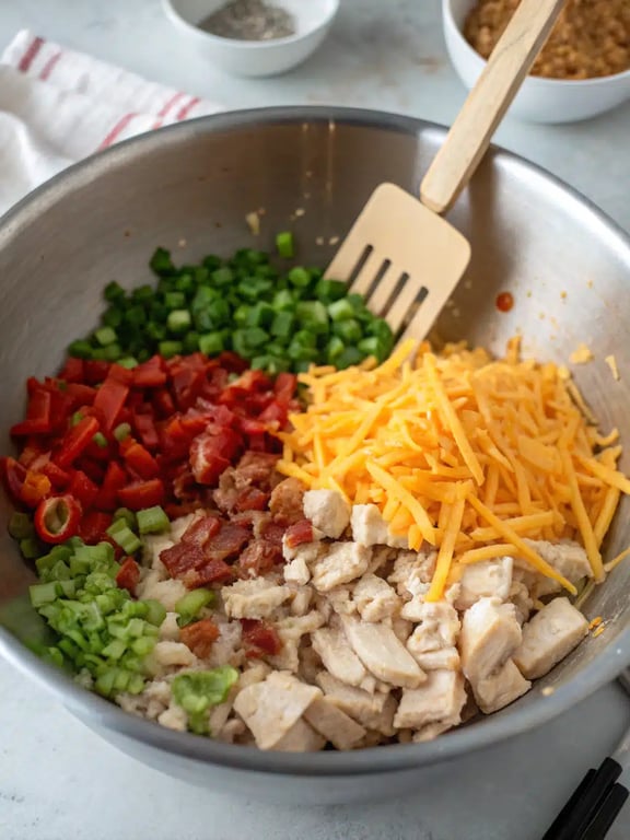 Step 4 for easy party appetizers — filling the mini fillo shells with the chicken mixture