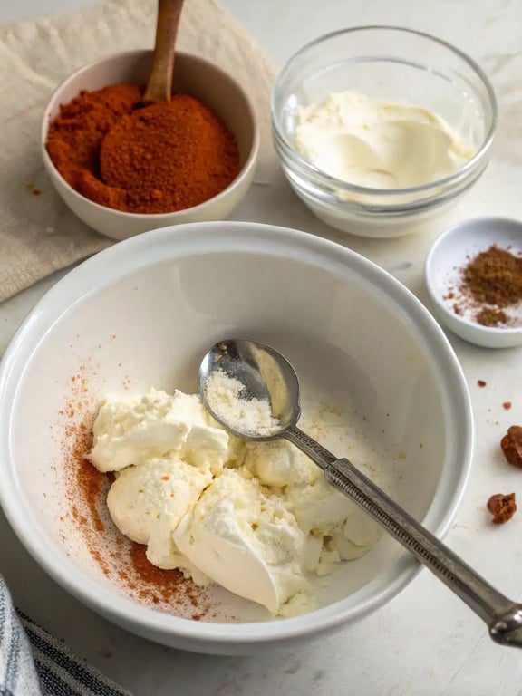 Mixing the creamy spread for finger food appetizers in a bowl.