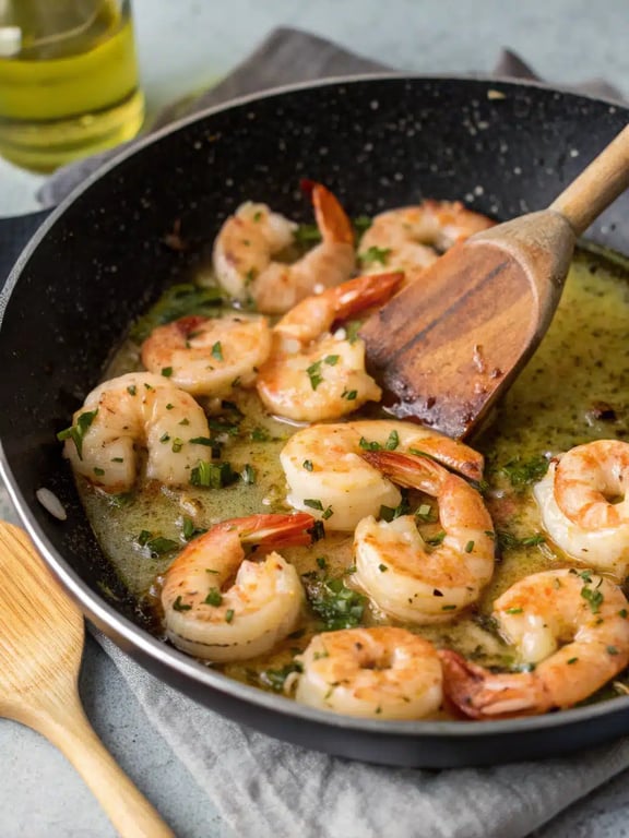 Final step for garlic shrimp crostini — plated and ready