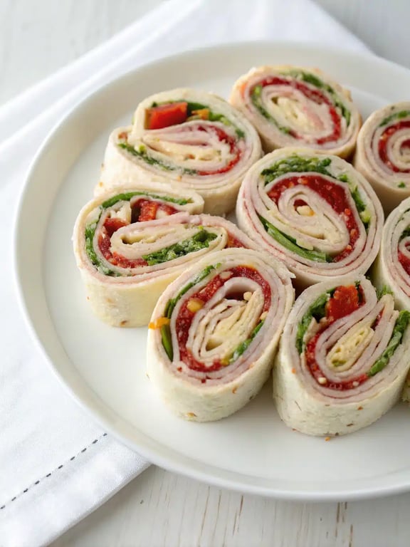 Italian pinwheel sandwiches arranged on a rustic wooden platter with side dishes