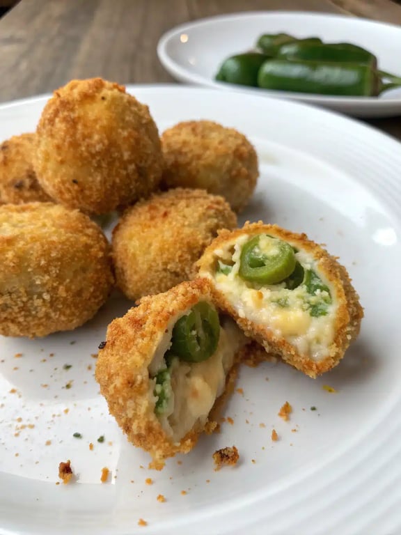 A festive platter of golden jalapeno popper balls served with bowls of dipping sauce and fresh herbs