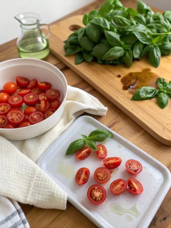 Step 2 for mini caprese bites — process in progress