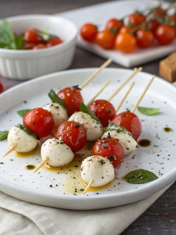 A beautifully arranged platter of mini caprese bites on a wooden board with dipping glaze