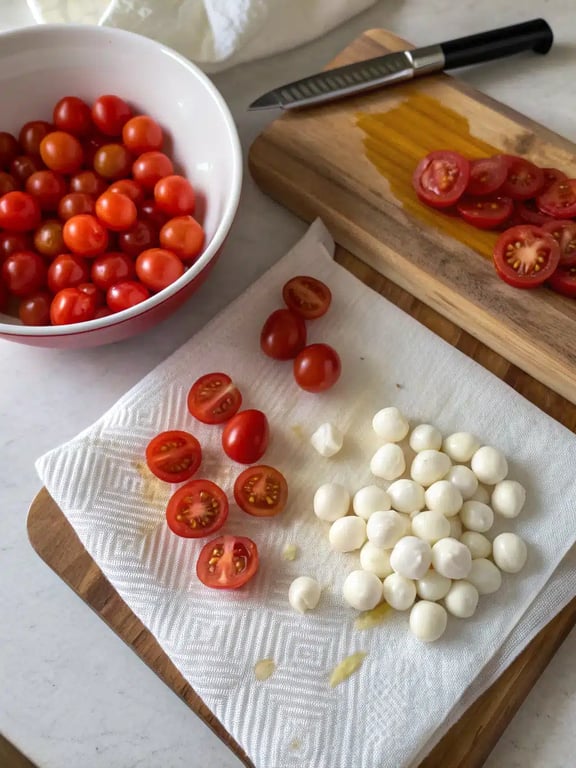Step 2 for mini caprese skewers — process in progress