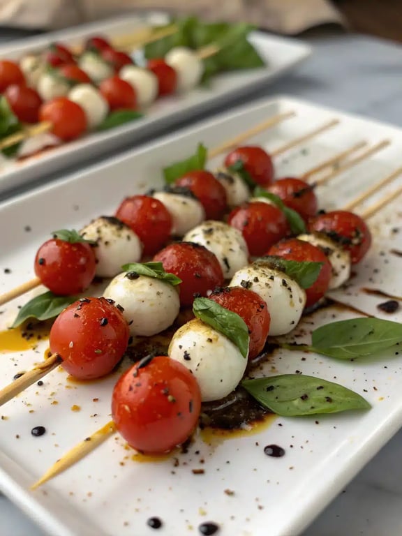 mini caprese skewers arranged on a wooden board for a party