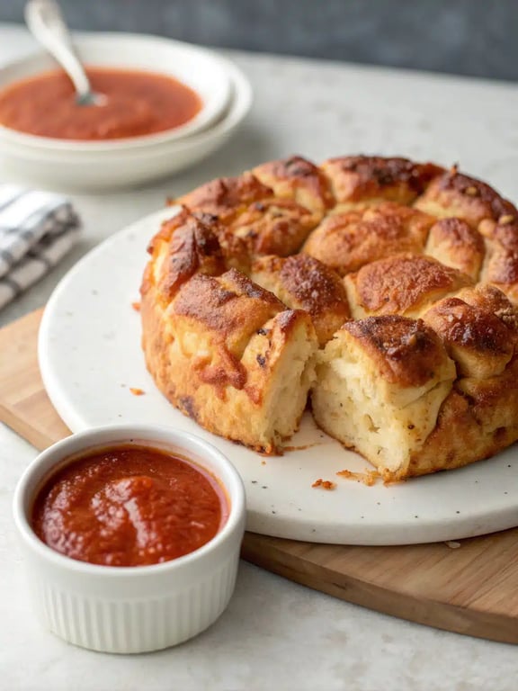 pizza monkey bread served on a wooden board with dipping sauce