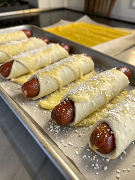 Final step for pretzel dogs recipe: a platter of golden brown baked pretzel dogs ready to serve