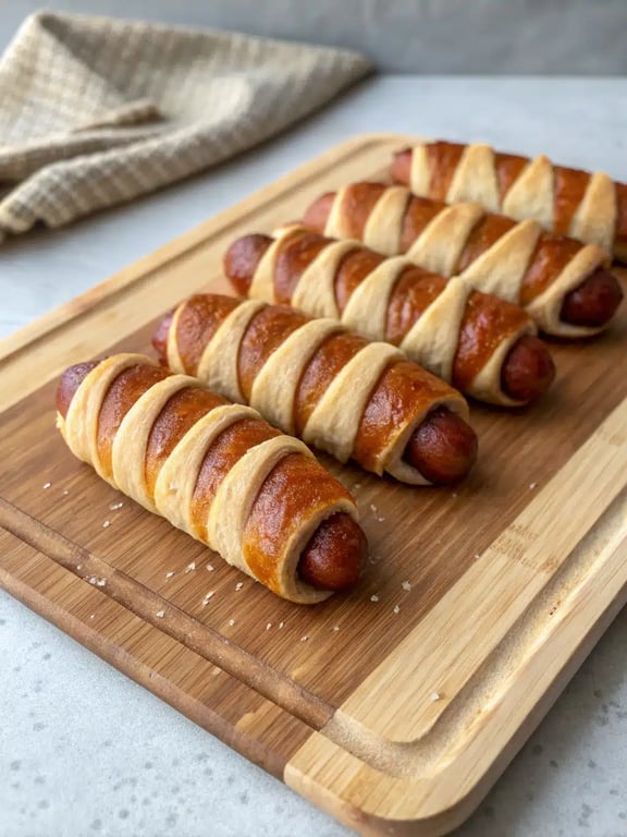 A serving platter with golden pretzel dogs recipe, surrounded by bowls of mustard and cheese sauce for dipping
