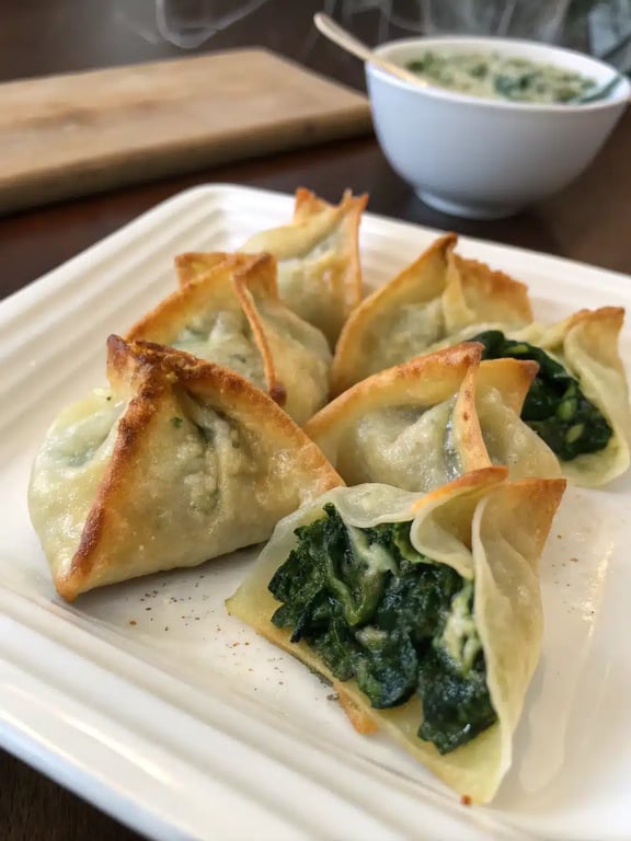 Spinach artichoke wontons arranged on a wooden board with dipping sauce
