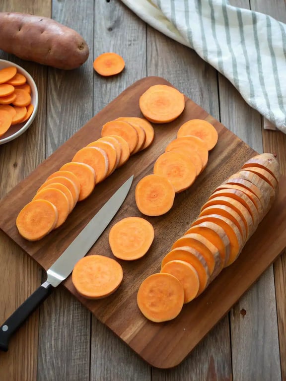 Step 2 for sweet potato chips showing thin, uniform slices of sweet potato on a cutting board