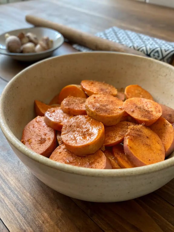 Step 4 for sweet potato chips showing seasoned slices arranged in a single layer on a parchment-lined baking sheet