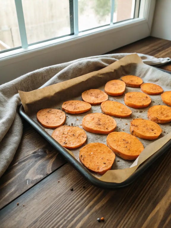 Final step for sweet potato chips showing a bowl full of golden, crispy finished chips ready to eat