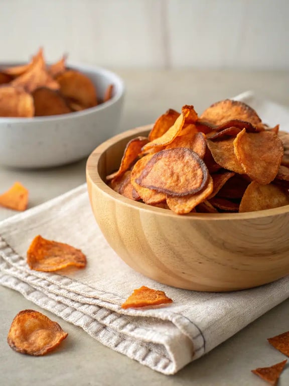 A rustic wooden board with a bowl of crispy sweet potato chips surrounded by small bowls of colorful dips