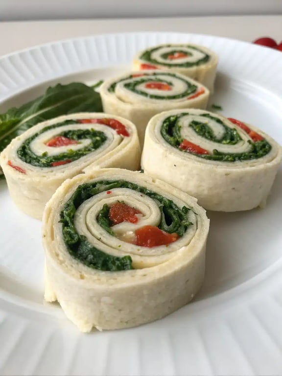 A beautifully arranged platter of vegan pinwheel appetizers with garnish