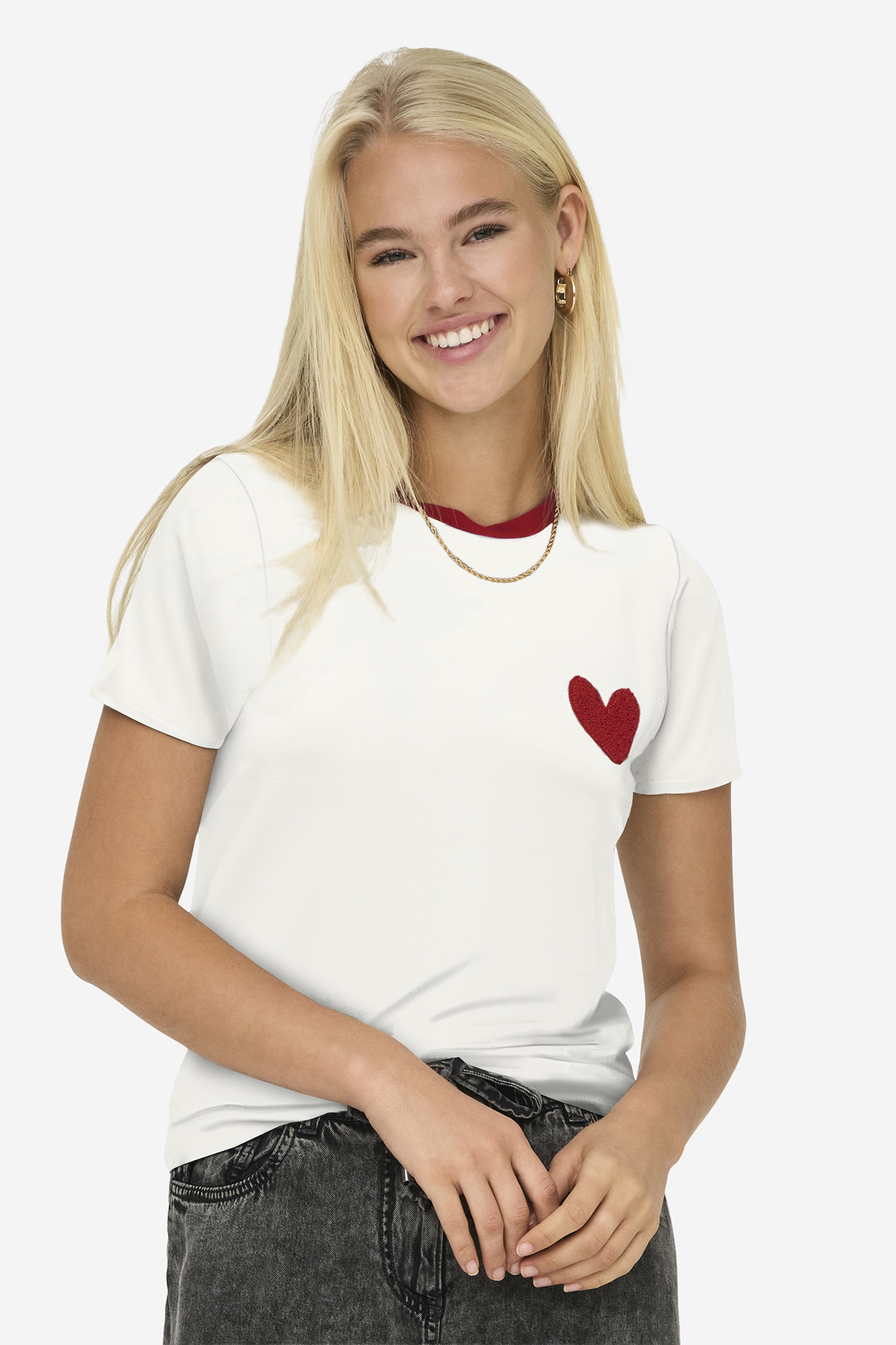 T-shirt ONLY 15318959-CLOUD-DANCER-RED-HEART Biały