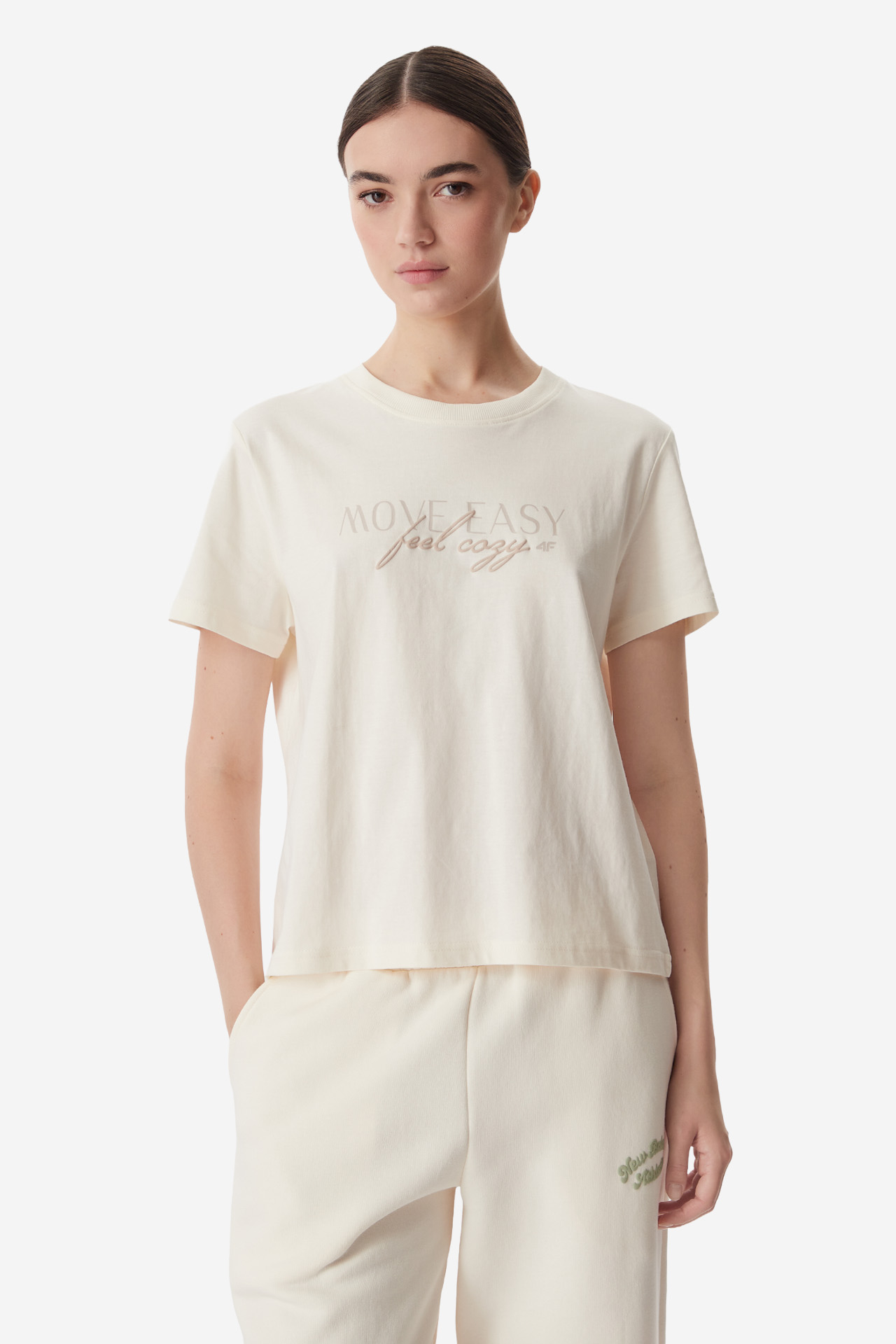 T-shirt 4F 4FWSS26TTSHF2743-12S Kremowy
