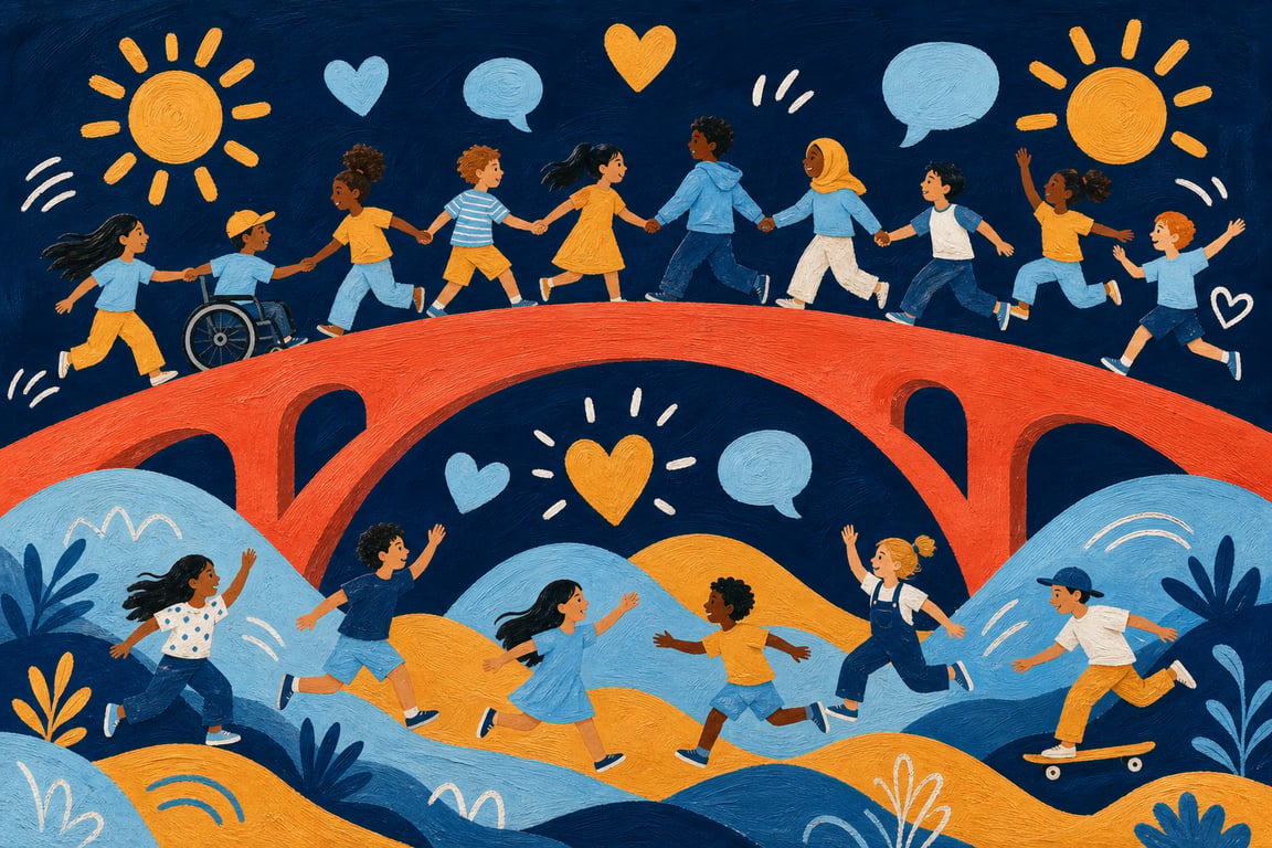 Direction F hero: painted mural of kids holding hands across a sweeping coral bridge on navy