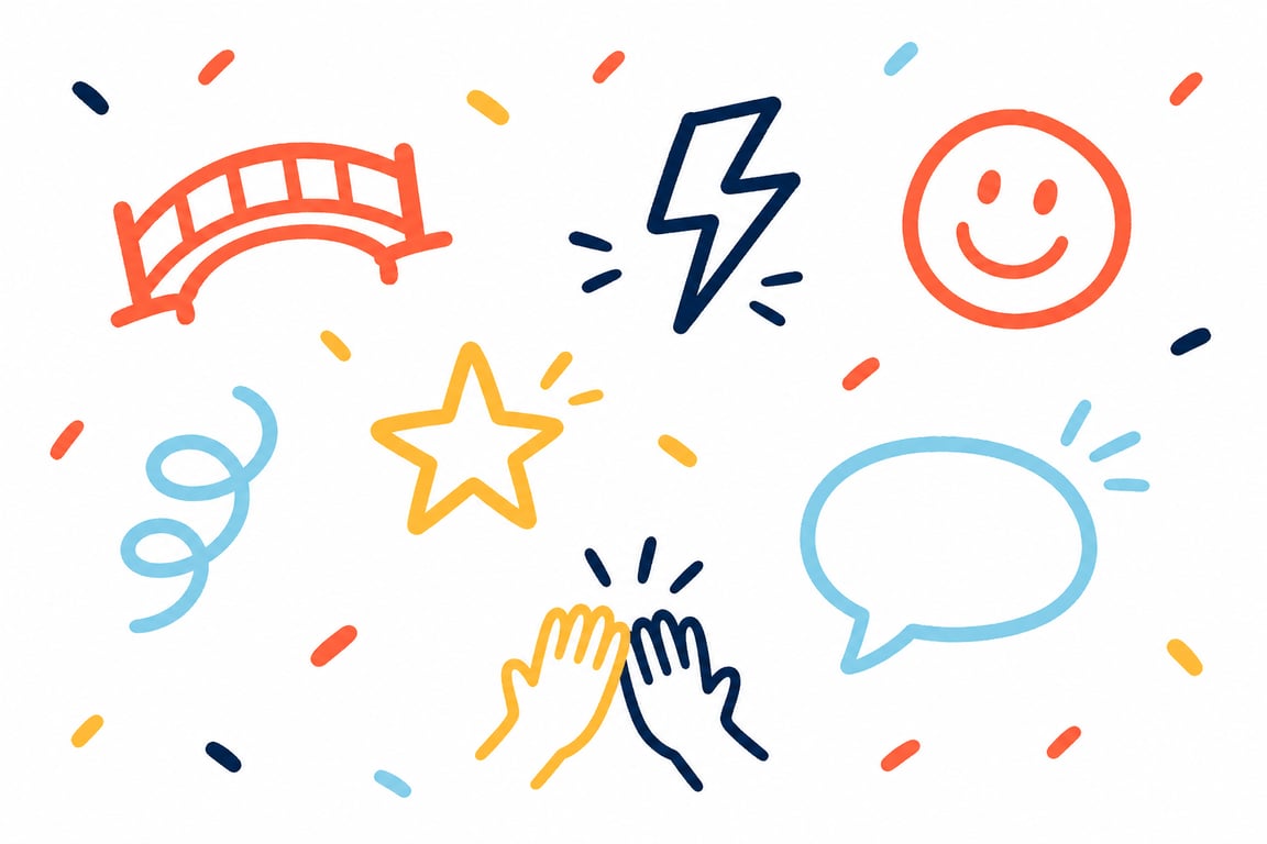 Direction H: hand-drawn doodles — bridge, lightning bolt, smiley, star, high-five hands