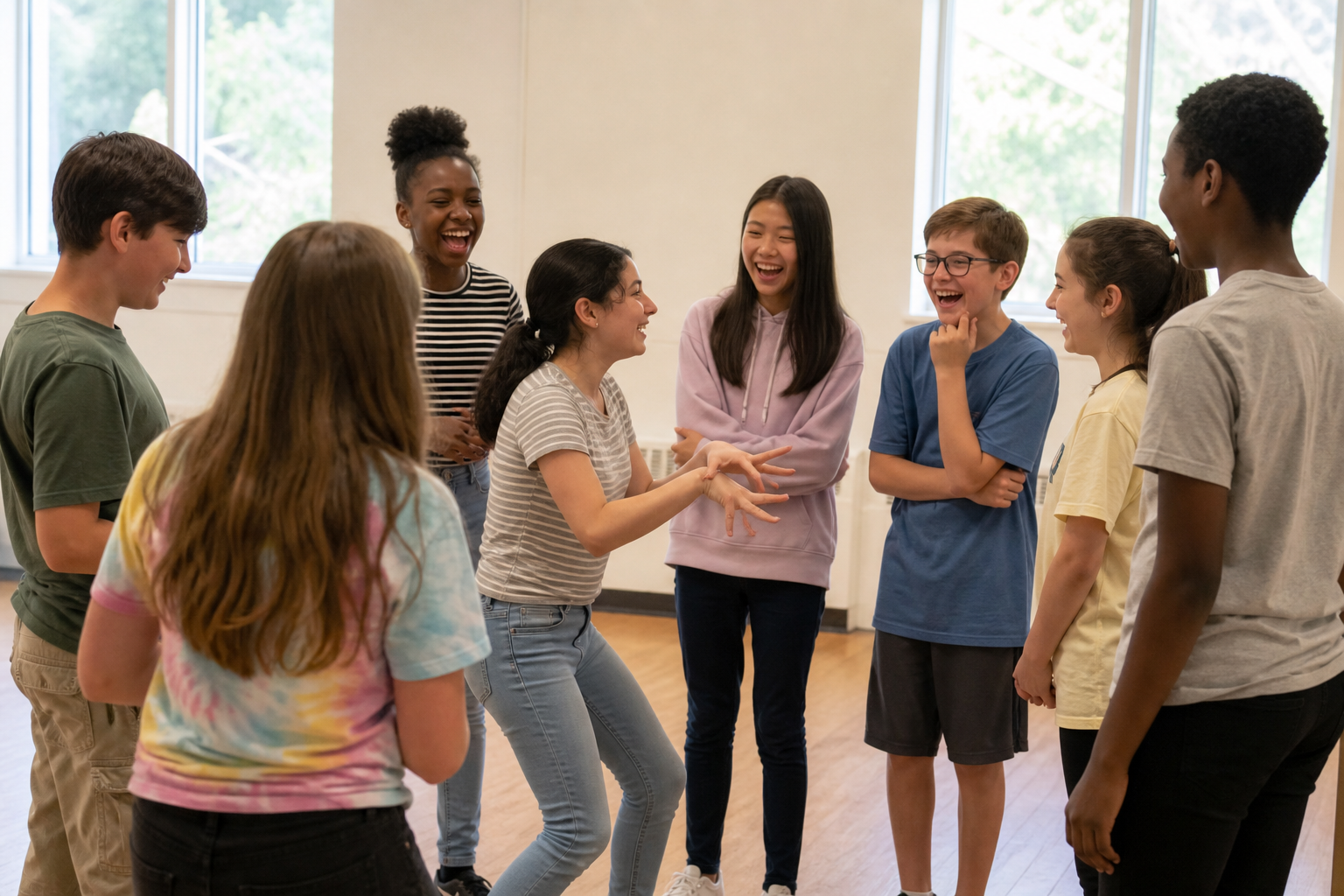 Middle schoolers standing in a circle during an improv game, laughing as one of them acts out a scene