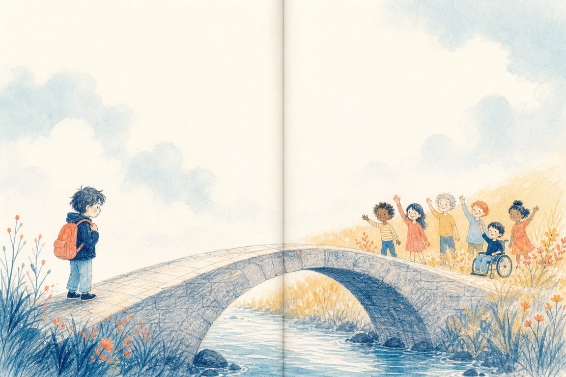 Direction G hero: watercolor picture-book spread, a kid pausing at a bridge while friends wave from the far side