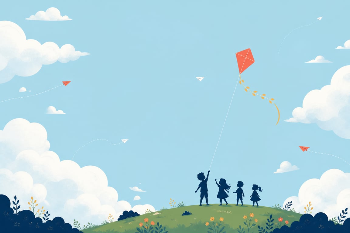 Direction E hero: kids on a hilltop flying a coral kite into a huge open sky