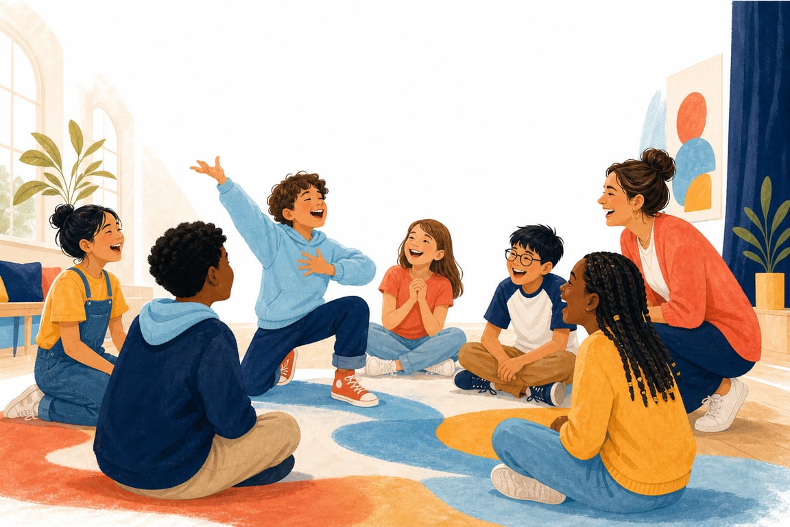 Direction A hero: kids laughing in an improv circle, warm flat illustration
