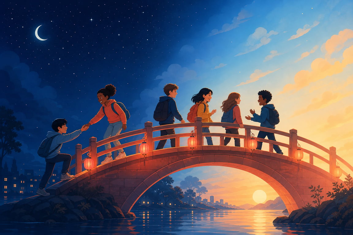 Direction B hero: kids crossing a lantern-lit bridge from night toward dawn