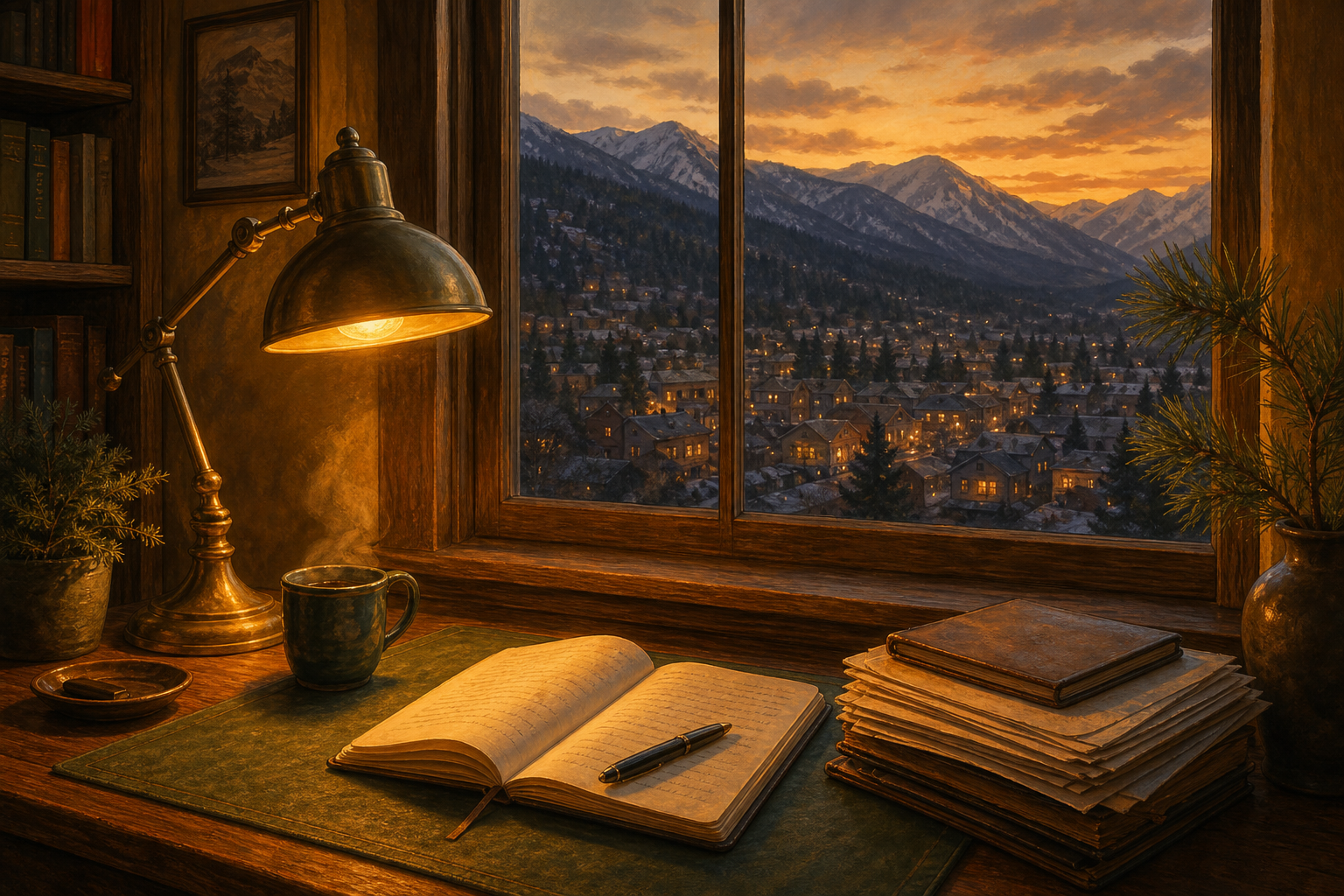 A lamp-lit desk by a window over a dusk-lit Colorado mountain town — the advisor keeping watch.