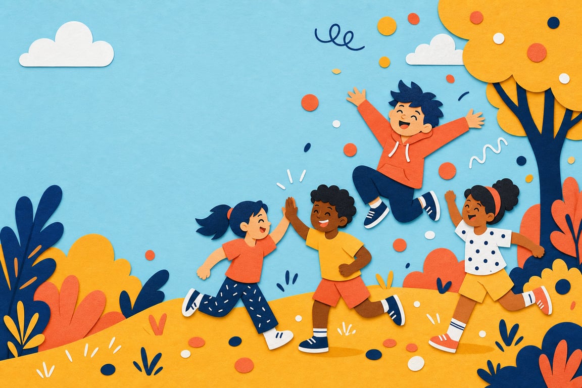 Direction C hero: cut-paper collage of kids leaping and high-fiving