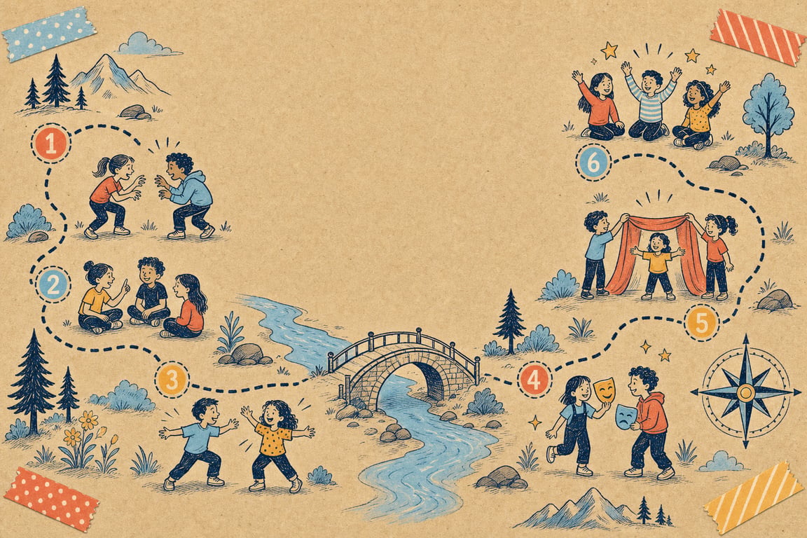Direction D hero: hand-drawn kraft-paper trail map with six numbered stops of kids playing improv games