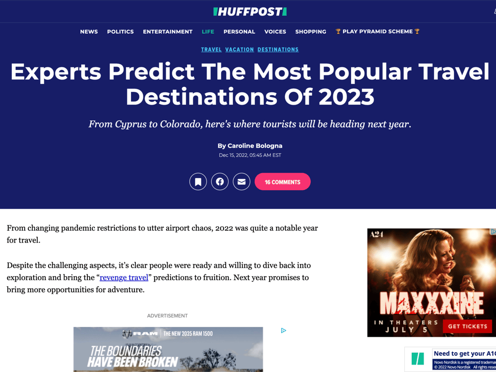 HuffPost:
Experts Predict Travel Destinations 2023
