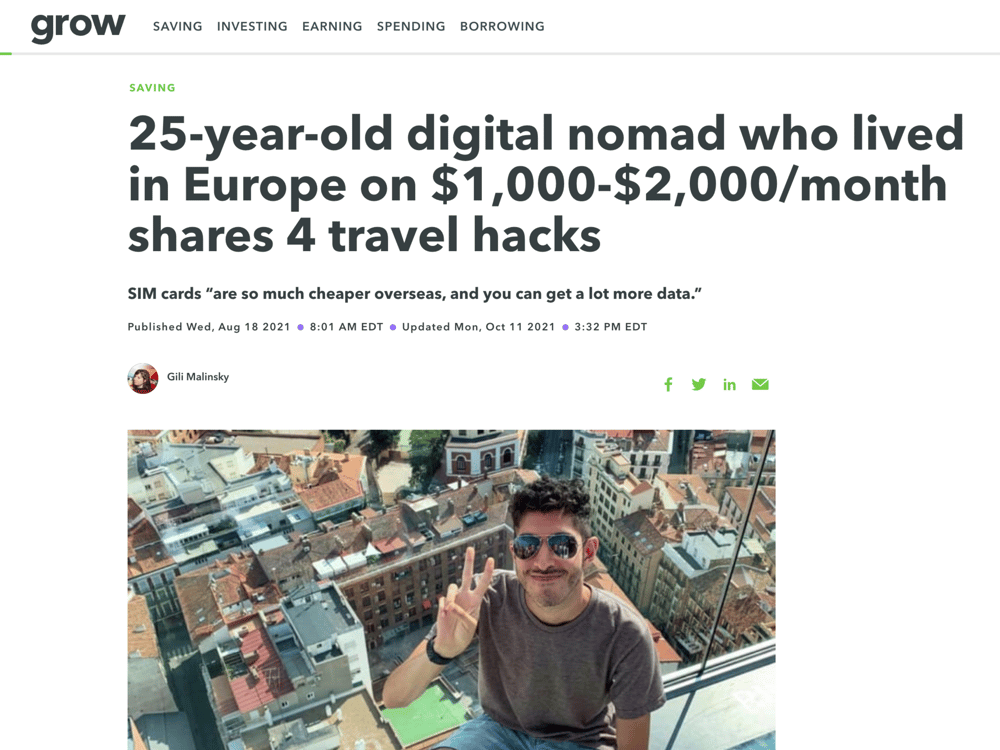 Acorns + CNBC Grow:
25-Year-Old Digital Nomad Who Lived in Europe on $1,000-$2,000/Month Shares 4 Travel Hacks