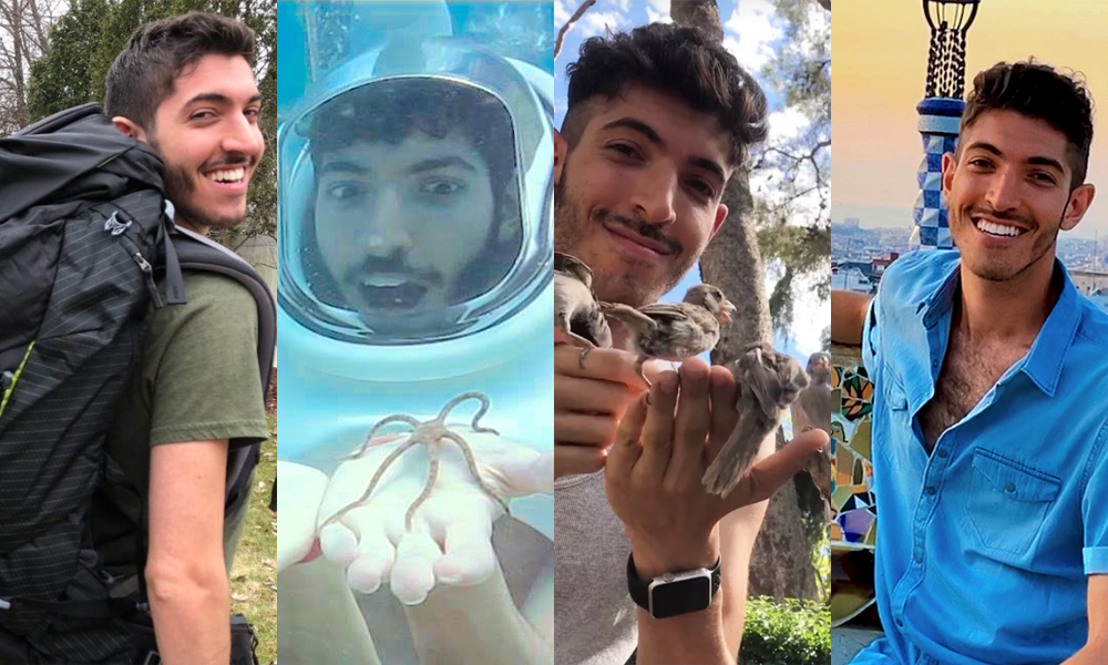 Four moments from Rocky’s travels: backpacking, holding a starfish underwater, meeting a bird, and riding in a hot-air balloon