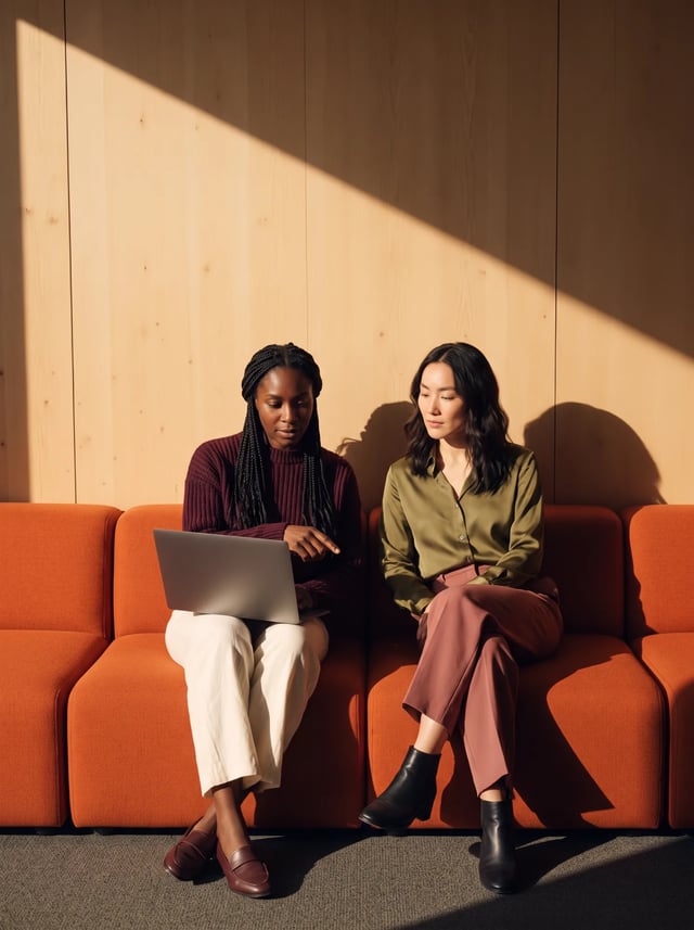 Two creatives reviewing work on a laptop