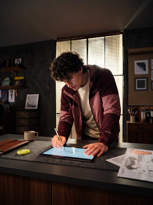 Designer sketching on a tablet in a studio